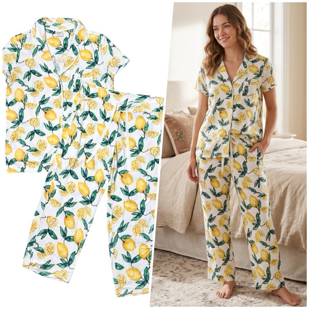 Soma | Women | Summer Lemon Citrus Print Soft Pajama Matching Set | Size Small